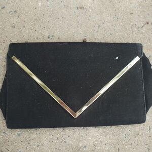 Aldo Black Faux Suede Envelope Clutch Gold V Hardware Crossbody Evening Bag